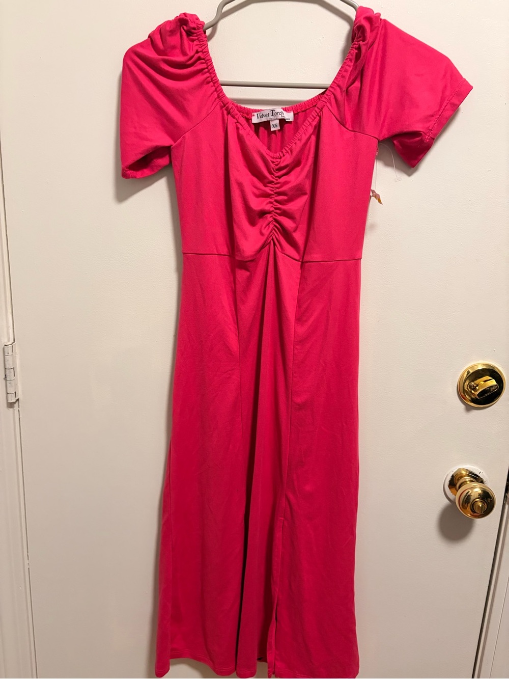 Velvet Torch Bright Pink Ruched Midi Dress
